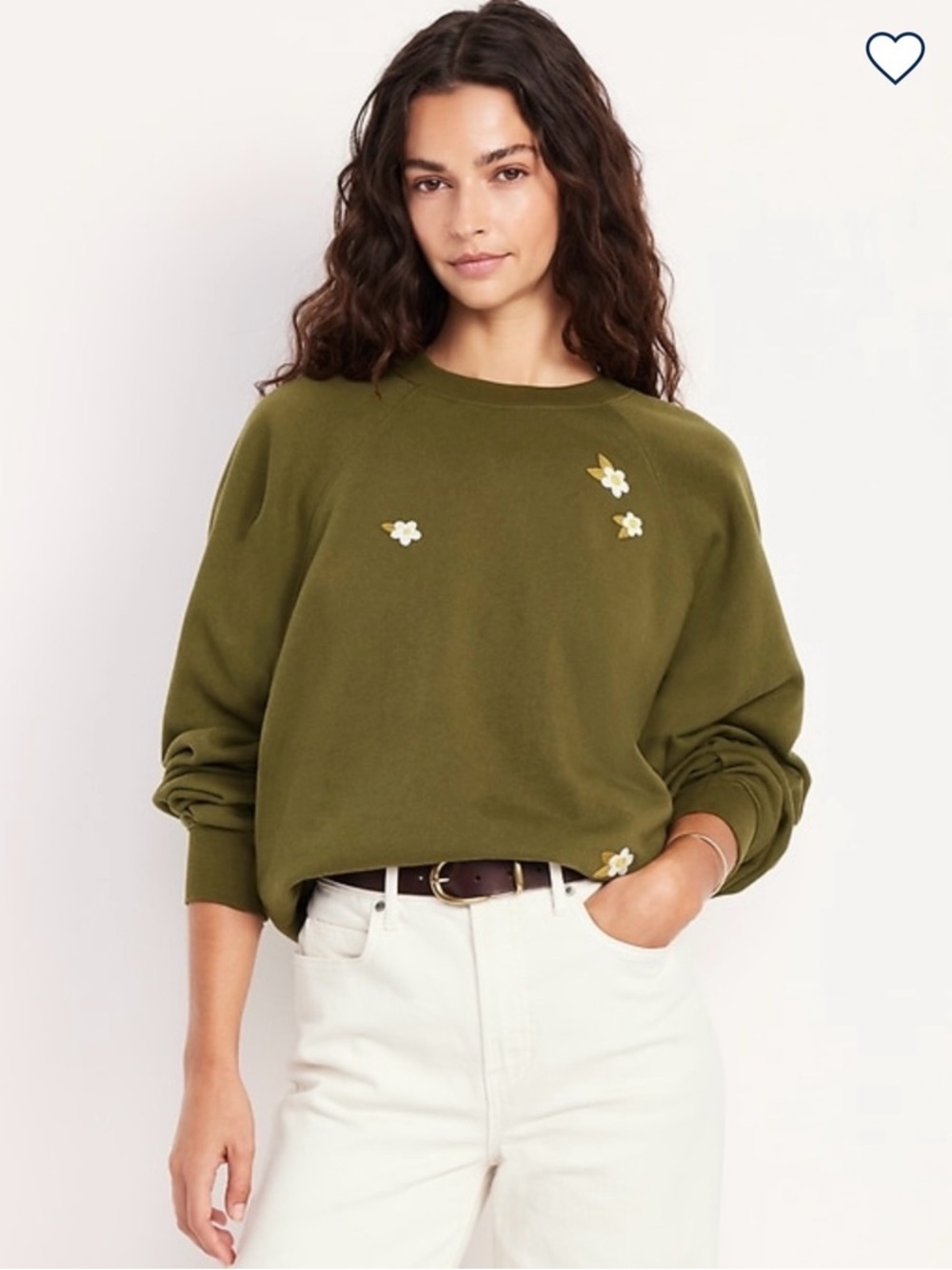 Old Navy Olive Green Crewneck Sweater w/ Floral Embroidered Accents | Brand New